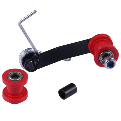 Tough As Nails Chain Slider Tensioner for ATV Go Kart 4 Wheeler, spring-loaded, red rollers, steel bracket, fits 420 428 530 chains.