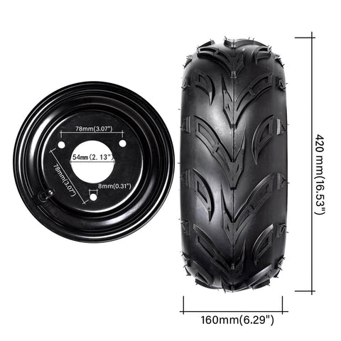 Go kart tire and rim, black rubber tread and metal wheel, 4PCS ATV Go Kart Tires and Rims Tubeless 16X8-7 Inch with 3 mounting holes.
