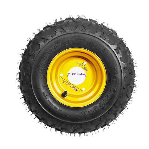 4PCS ATV Go Kart Tires and Rims Tubeless 145x70-6 Inch showing black rubber tire with yellow metal rim and 3 mounting holes.