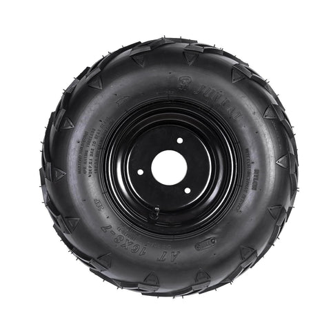 4PCS ATV Go Kart Tires and Rims Tubeless 16X8-7 Inch Front or Rear Tires with Rims, 3 mounting holes, top view of tire and rim
