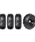 Set of 4PCS ATV Go Kart Tires and Rims Tubeless 16X8-7 Inch Front or Rear, black rubber tires with metal wheels, 3 mounting holes.