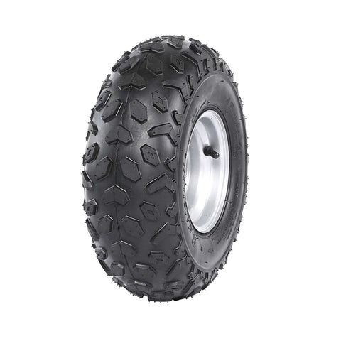 Close-up of a rubber Set Of 4 ATV Go Kart Tires 145/70-6 with 6 inch metal wheel rim