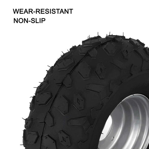 Close-up of ATV Go Kart Tires and Rims 145x70-6 Iron Wheels 90CC, non-slip and wear-resistant design on metal rim.