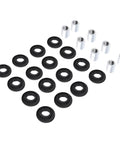Shock Absorbing Bushing Bearing Sleeve Kit For ATV Front Suspension With 16 Shock Bushings And 8 Bearing Sleeves, Compatible With Arctic Cat Models 250 300 375 400 From 1998 To 2006 Replacement Parts 0604-310 0403-028, shown in a layout of black bushings and silver sleeves
