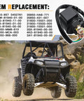 GY6 Starter Solenoid Relay For 4 Stroke ATV Scooter Go Kart Dirt Bike 50cc 70cc 90cc 110cc 125cc 150cc 200cc 250cc Plug And Play Fits Roketa Sunl Taotao Coolster SSR Moped Quad, displayed next to an off-road vehicle and list of OEM replacements.