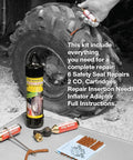 On The Go ATV Tubeless Tire Repair Kit With CO2 Inflator, Six 4-Inch Self Vulcanizing Plugs, ready to use plug kit next to ATV tire.