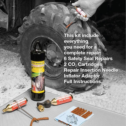 On The Go ATV Tubeless Tire Repair Kit With CO2 Inflator, Six 4-Inch Self Vulcanizing Plugs, ready to use plug kit next to ATV tire.