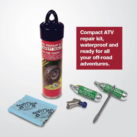 On The Go ATV Tubeless Tire Repair Kit With CO2 Inflator, Six 4-Inch Self Vulcanizing Plugs, floating watertight case
