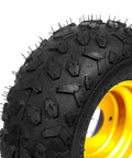 Close-up of 4PCS ATV Go Kart Tires and Rims Tubeless 145x70-6 Inch Front or Rear Tires with Rims, showing rubber tread and yellow wheel.