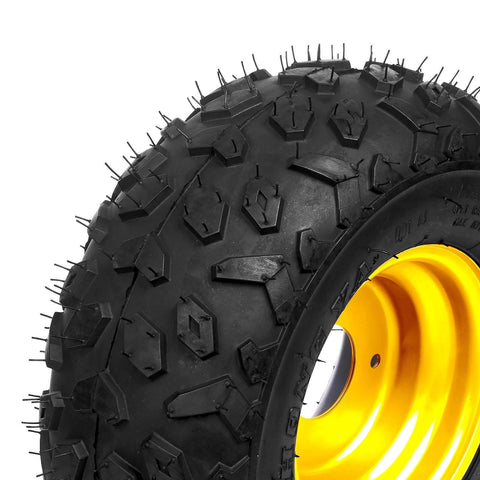 Close-up of 4PCS ATV Go Kart Tires and Rims Tubeless 145x70-6 Inch Front or Rear Tires with Rims, showing rubber tread and yellow wheel.
