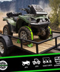 ATV secured with Heavy Duty Wheel Chock Tie Down Straps Set Two Pack with 4,400 lb max break strength and 2x6 ft tire straps on trailer.