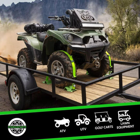 ATV secured with Heavy Duty Wheel Chock Tie Down Straps Set Two Pack with 4,400 lb max break strength and 2x6 ft tire straps on trailer.