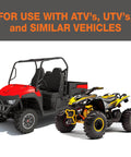 Red and yellow ATVs shown for Mini Rubber Wheel Chock Set With 36 Inch Nylon Rope For ATVs, Riding Lawn Mowers, And Gas Powered Scooters.