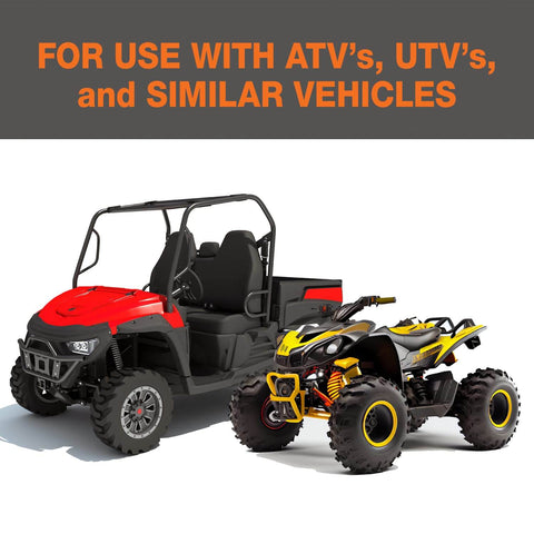 Red and yellow ATVs shown for Mini Rubber Wheel Chock Set With 36 Inch Nylon Rope For ATVs, Riding Lawn Mowers, And Gas Powered Scooters.