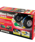 Box of Beefy Wheel Chock Tie Down Kit for ATV UTV Transport, includes 2 in by 7.5 ft ratchet straps, 1500 lb capacity, fits 10 to 30 inch tires