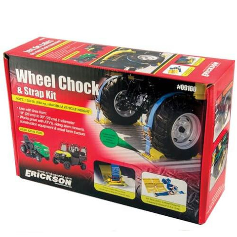 Box of Beefy Wheel Chock Tie Down Kit for ATV UTV Transport, includes 2 in by 7.5 ft ratchet straps, 1500 lb capacity, fits 10 to 30 inch tires