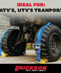 Beefy Wheel Chock Tie Down Kit For ATV UTV Transport with 2 in by 7.5 ft Ratchet Straps securing vehicle on trailer bed