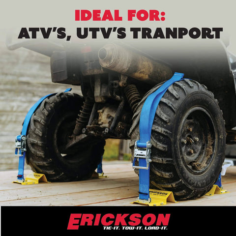 Beefy Wheel Chock Tie Down Kit For ATV UTV Transport with 2 in by 7.5 ft Ratchet Straps securing vehicle on trailer bed