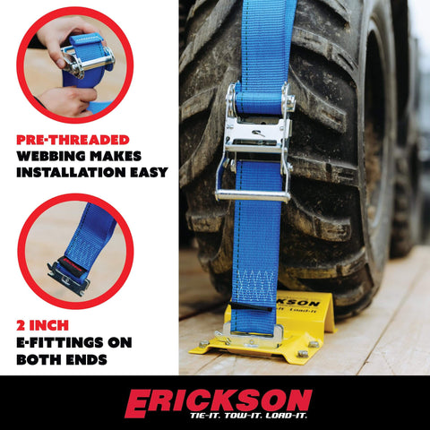 Beefy Wheel Chock Tie Down Kit For ATV UTV Transport With 2 In By 7.5 Ft Ratchet Straps, 1500 Lb Capacity, yellow chock, blue strap