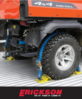 Beefy Wheel Chock Tie Down Kit For ATV UTV Transport With 2 In By 7.5 Ft Ratchet Straps, 1500 Lb Capacity, securing 4x4 diesel