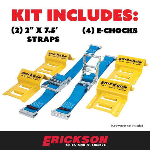 Beefy Wheel Chock Tie Down Kit For ATV UTV Transport With 2 In By 7.5 Ft Ratchet Straps, 1500 Lb Capacity, Erickson