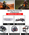 Electric Wiring Harness Kit With Relay Stator Coil CDI Solenoid And Spark Plug For 50cc 70cc 110cc And 125cc ATVs Go Karts Pit Quads And Dirt Bikes Built For 4 Wheelers, showing fuse, coils, and stator components.