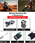 Electric Wiring Harness Kit With Relay Stator Coil CDI Solenoid And Spark Plug For 50cc 70cc 110cc And 125cc ATVs Go Karts Pit Quads And Dirt Bikes Built For 4 Wheelers shown with ignition switch and components.