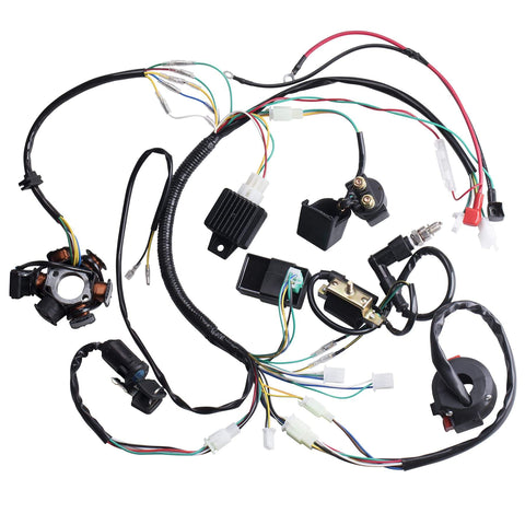 All In One Wiring Harness Kit With Coil Stator Solenoid Relay CDI And Spark Plug For ATV Go Kart Pit Quad Dirt Bike 50Cc 70Cc 90Cc 110Cc 125Cc Four Wheelers Replacement Parts Durable Construction Easy Installation Includes Step By Step Instructions