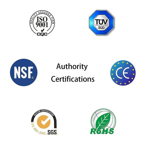 Authority certifications including NSF, ISO 9001, TUV SUD, CE, SGS, and RoHS logos displayed.