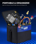 All In One Auto AC Vacuum Pump Kit With 5 CFM Two Stage Sparkless Ignition Proof Pump in carry bag with gauges and hoses