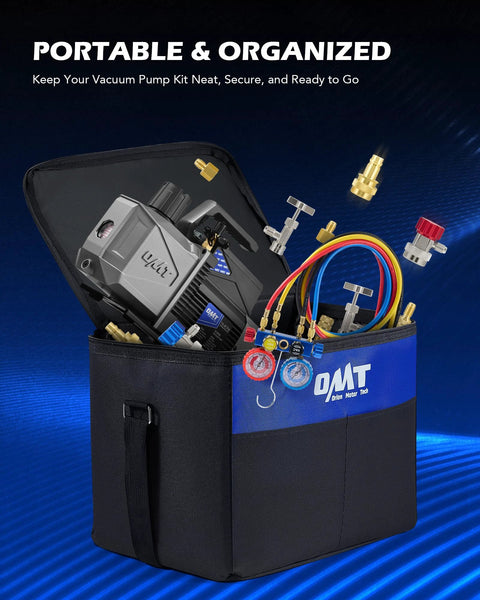 All In One Auto AC Vacuum Pump Kit With 5 CFM Two Stage Sparkless Ignition Proof Pump in carry bag with gauges and hoses