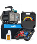 Professional Auto AC Vacuum Pump And Gauge Kit For R134a R12 R22 with 1/4 HP pump, hoses, quick couplers, and carry case displayed.