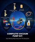 Complete vacuum pump kit with R134a/R12 gauge set, hoses, taps, adapters, and oil for Professional Auto AC Vacuum Pump And Gauge Kit.