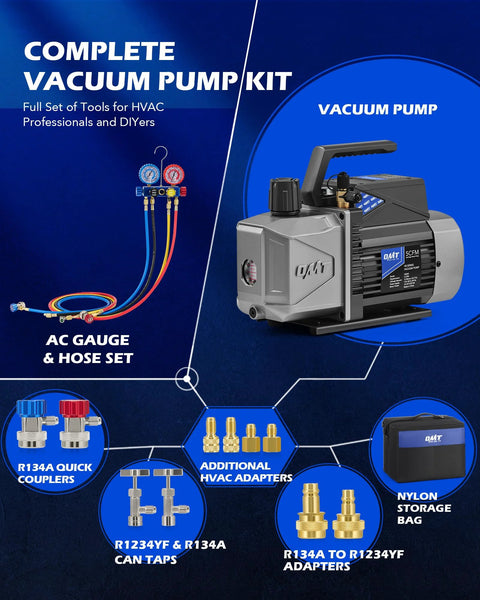 Complete kit with All In One Auto AC Vacuum Pump Kit With 5 CFM Two Stage Sparkless Ignition Proof Pump For R1234yf R32 R134a R410A Systems