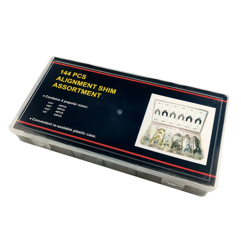 Auto Alignment Shim Set 144 Pieces In Four Sizes 1 64th 1 32nd 1 16th And 1 8th Inch displayed in a resealable storage box
