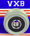 Close-up of F240026 Auto Alternator Cluch Overrunning Pulley for KIA - Hyundai, showing grooves and internal bearings against VXB backdrop.
