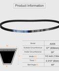Diagram showing product dimensions for AX35 belt, including 37" (939 mm) circumference, 1/2" width, and 0.315" thickness.