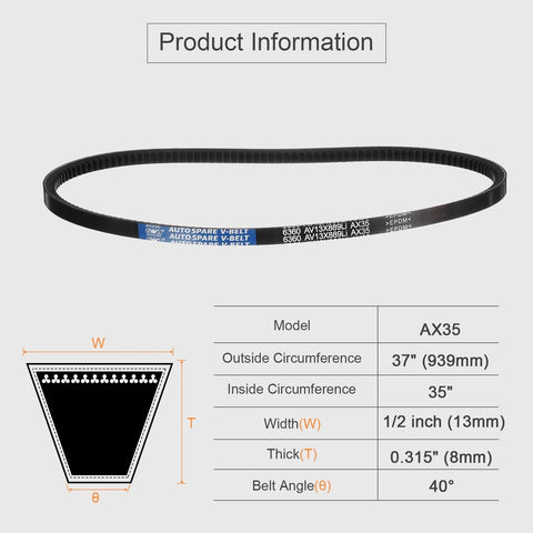 Diagram showing product dimensions for AX35 belt, including 37" (939 mm) circumference, 1/2" width, and 0.315" thickness.
