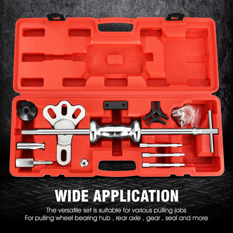 8-Way Slide Hammer Dent Puller Set with 5 lb hammer and tools in red carrying case for auto body repair