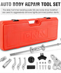 8-Way Slide Hammer Dent Puller Set With 5 Lb Hammer Auto Body Repair Kit displayed with red carrying case and tools