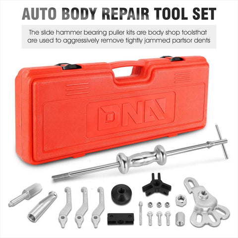 8-Way Slide Hammer Dent Puller Set With 5 Lb Hammer Auto Body Repair Kit displayed with red carrying case and tools