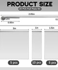 20 Piece Pull Plate Kit For Auto Body Repair with 3in, 1in, and 1.5in heat treated steel plates, product size chart.