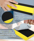 Close-up of yellow auto body sanding block with hook and loop design from 7-piece set for woodworking and automotive refinishing.