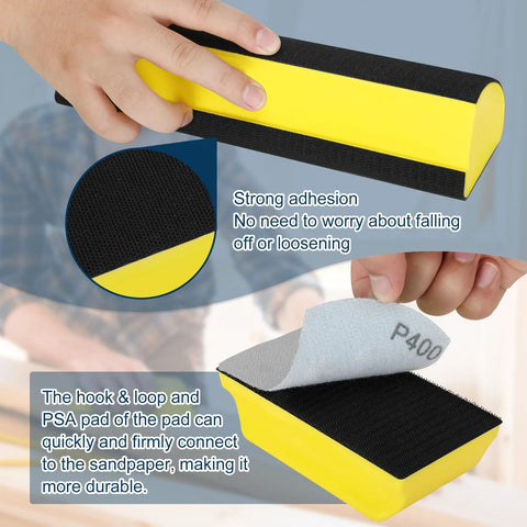 Close-up of yellow auto body sanding block with hook and loop design from 7-piece set for woodworking and automotive refinishing.