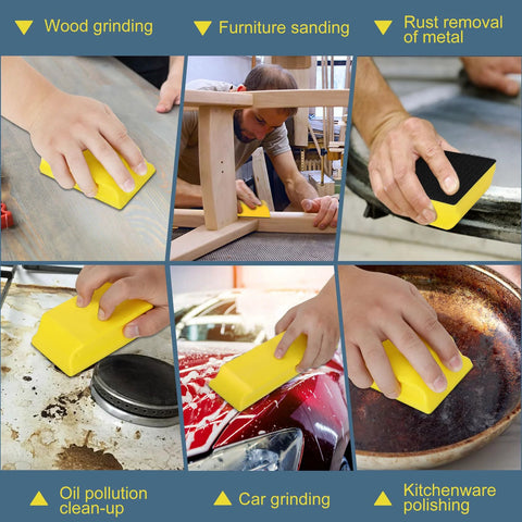 Collage showing various uses of Auto Body Sanding Block Set 7 Pieces For Woodworking And Automotive Refinishing