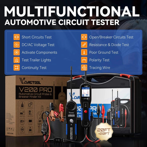 All In One Auto Circuit Tester For 12 And 24 Volt Systems With Wire Tracer Breaker Finder Tool and accessories displayed.
