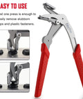 Front view of Car Clip Pliers For Auto Fasteners With Built In Spring And Easy Lever, metal with red handles