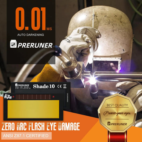 Welder using Shade 10 Auto Darkening Welding Lens With Gold Coating 0.01ms Reaction Time in action, highlighting eye protection
