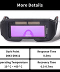 Back view of Auto Darkening Welding Glasses Solar Powered Adjustable Shade Two Sensors, showing lens dimensions and specs.