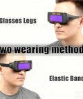 Auto Darkening Welding Glasses Solar Powered Adjustable Shade Two Sensors with two wearing methods shown, glasses legs and elastic band.